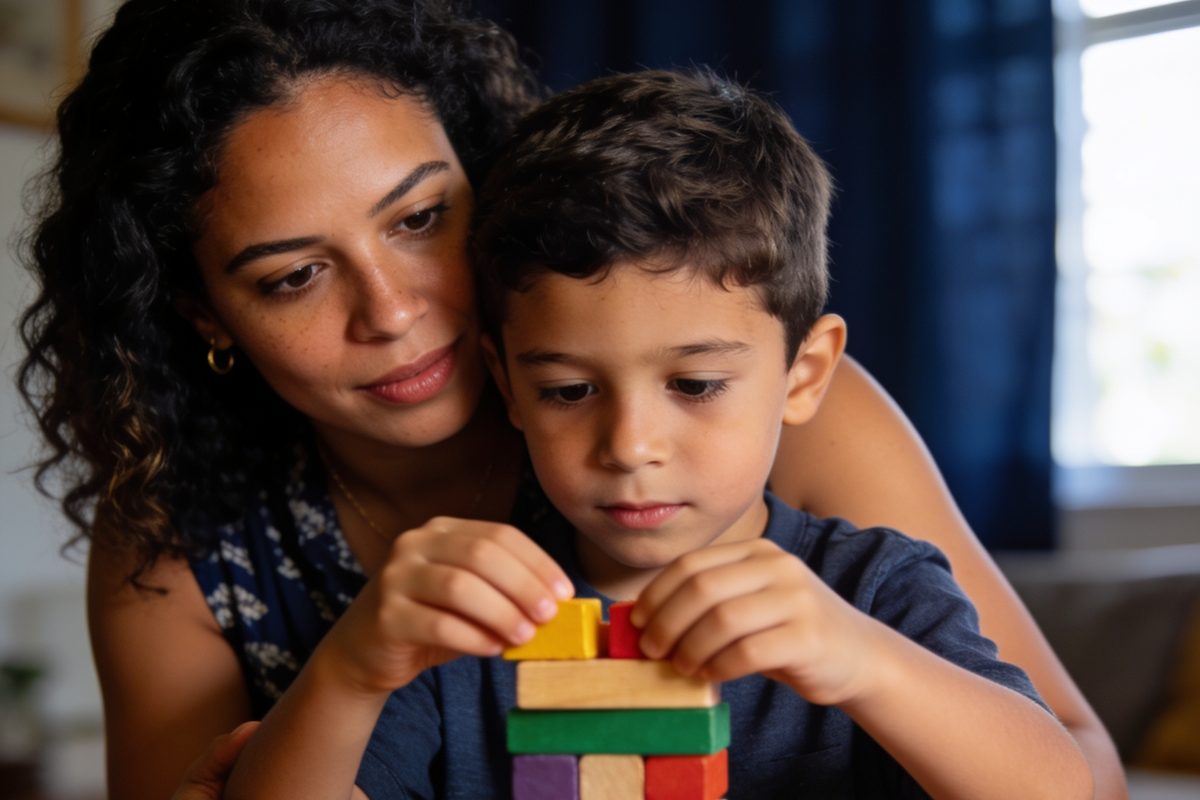 Mãe ao lado do filho com autismo enquanto ele monta blocos coloridos: a rotina da criança é o que a avaliação do BPC examina
